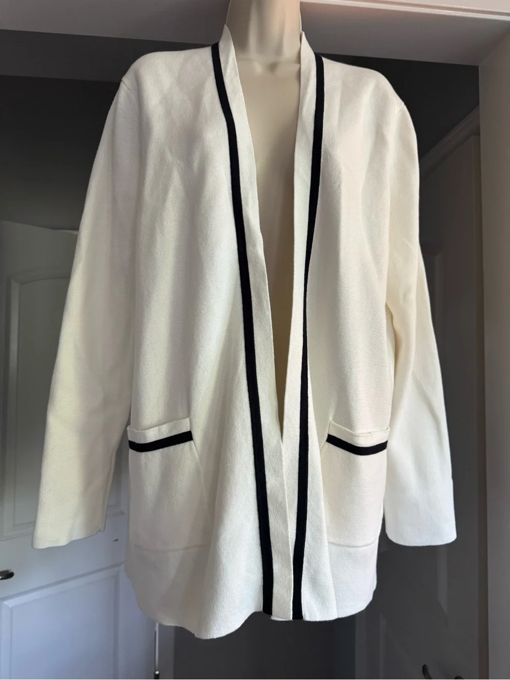 J. Crew Factory Ivory Black Trim Open Front Cotton Cardigan Sweater L